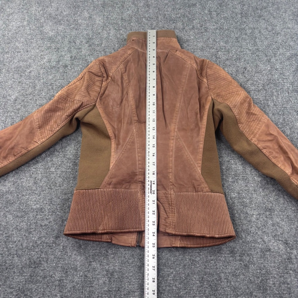 GUESS Moto Jacket Small Brown Faux Leather Ribbed Knit Trim Womens - Picture 6 of 6